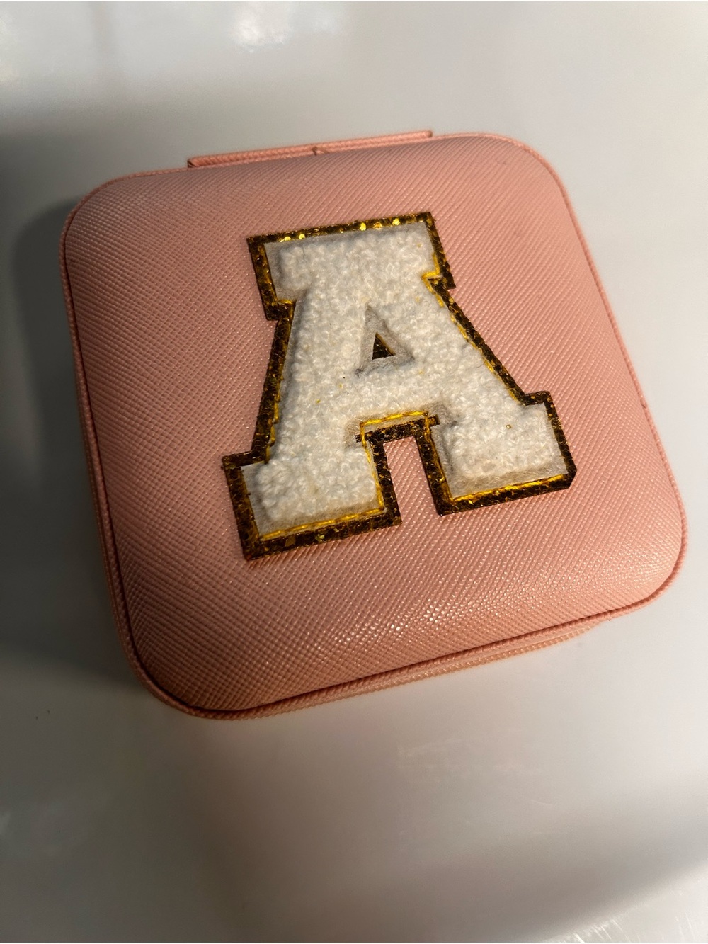 Pink Jewelry Case with White Letter A Patch
